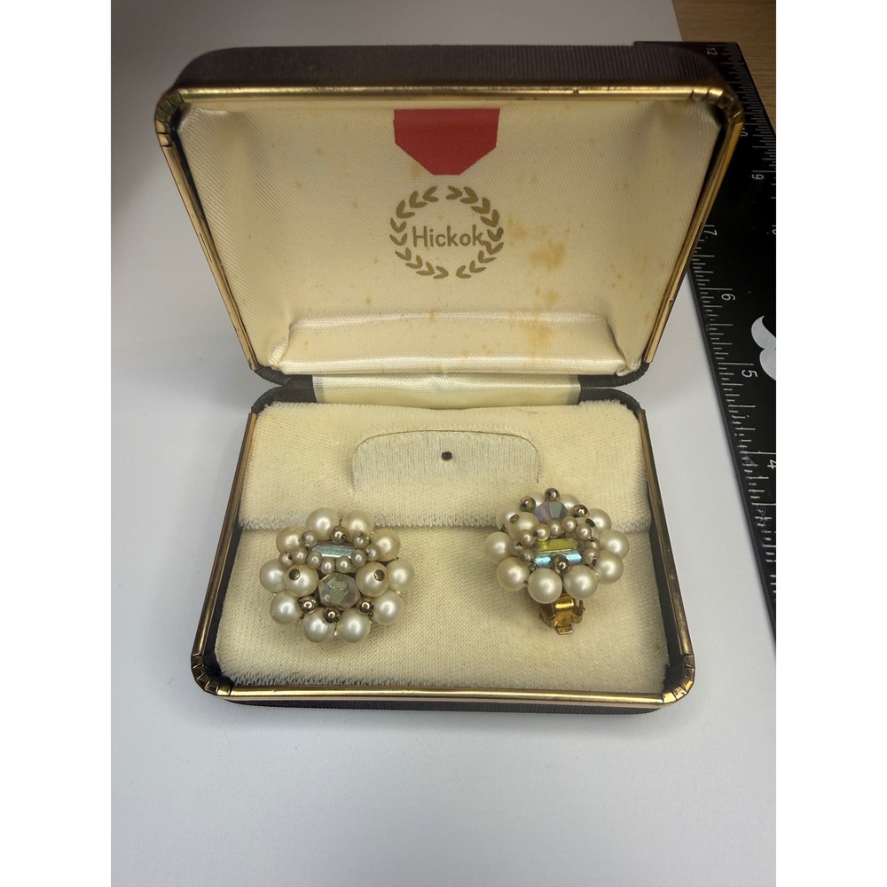 Vintage Japan Faux Pearl AB Crystal Cluster Clip‎ On Earrings with Hickok Box